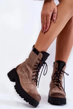 Boto Damskie Trapery|Botki Sznurowane*Klasyczne Zamszowe Ocieplane Botki Brązowe Lemar Caima