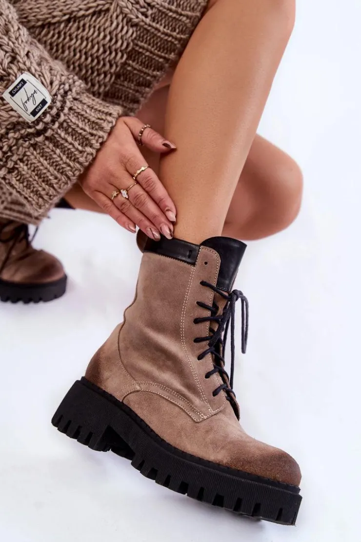 Boto Damskie Trapery|Botki Sznurowane*Klasyczne Zamszowe Ocieplane Botki Brązowe Lemar Caima