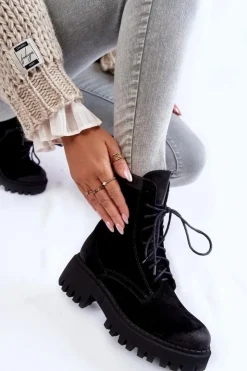 Boto Damskie Trapery|Botki Sznurowane*Klasyczne Zamszowe Ocieplane Botki Czarne Lemar Caima