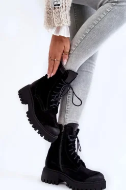Boto Damskie Trapery|Botki Sznurowane*Klasyczne Zamszowe Ocieplane Botki Czarne Lemar Caima
