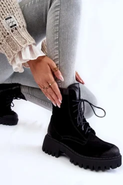 Boto Damskie Trapery|Botki Sznurowane*Klasyczne Zamszowe Ocieplane Botki Czarne Lemar Caima