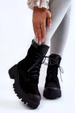 Boto Damskie Trapery|Botki Sznurowane*Klasyczne Zamszowe Ocieplane Botki Czarne Lemar Caima