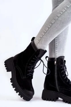 Boto Damskie Trapery|Botki Sznurowane*Klasyczne Zamszowe Ocieplane Botki Czarne Lemar Caima