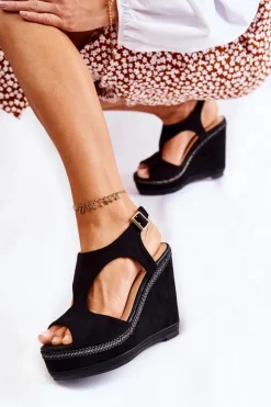 Damskie Boto Klasyczne Zamszowe Sandały Na Koturnie Czarne Lysette