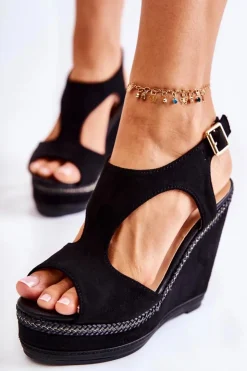 Damskie Boto Klasyczne Zamszowe Sandały Na Koturnie Czarne Lysette