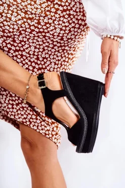 Damskie Boto Klasyczne Zamszowe Sandały Na Koturnie Czarne Lysette