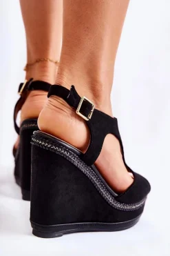 Damskie Boto Klasyczne Zamszowe Sandały Na Koturnie Czarne Lysette