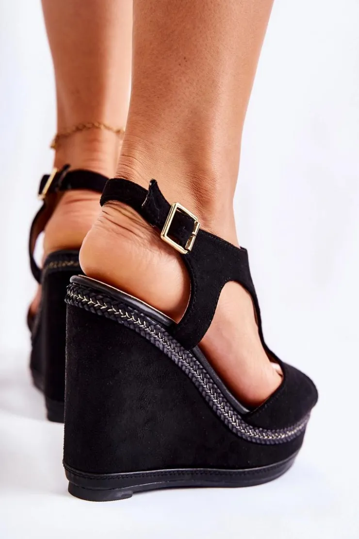 Damskie Boto Klasyczne Zamszowe Sandały Na Koturnie Czarne Lysette