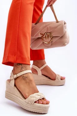 Damskie Boto Klasyczne Zamszowe Sandały Na Koturnie Beżowe Denisse