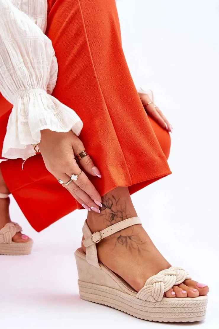 Damskie Boto Klasyczne Zamszowe Sandały Na Koturnie Beżowe Denisse