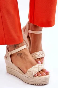 Damskie Boto Klasyczne Zamszowe Sandały Na Koturnie Beżowe Denisse