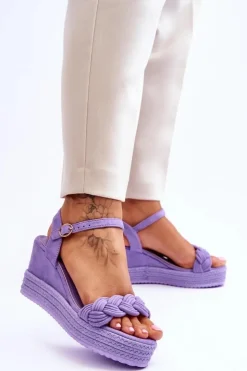 Outlet Boto Klasyczne Zamszowe Sandały Na Koturnie Fioletowe Denisse