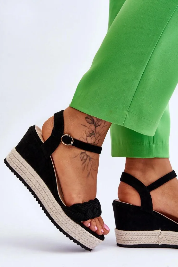 Boto Sandały Na Koturnie*Klasyczne Zamszowe Sandały Na Koturnie Czarne Denisse