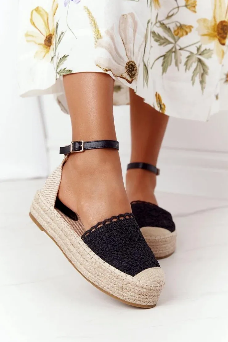 Damskie Boto Koronkowe Espadryle Na Plecionej Platformie Czarne Larisa