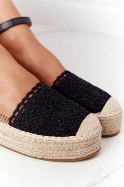 Damskie Boto Koronkowe Espadryle Na Plecionej Platformie Czarne Larisa