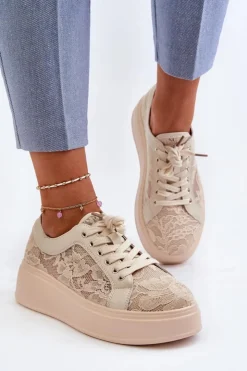 Best Damskie buty S.Barski Koronkowe Sneakersy Damskie Na Platformie S.Barski HY51-059 Beżowe