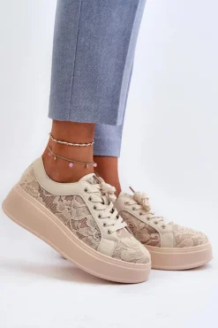 Best Damskie buty S.Barski Koronkowe Sneakersy Damskie Na Platformie S.Barski HY51-059 Beżowe