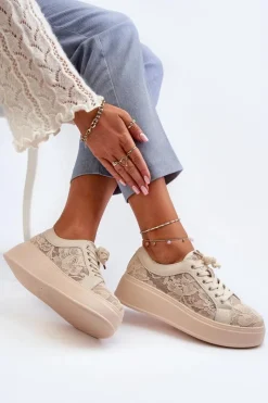 Best Damskie buty S.Barski Koronkowe Sneakersy Damskie Na Platformie S.Barski HY51-059 Beżowe