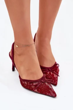 Damskie Boto Koronkowe Szpilki Z Odkrytą Piętą Bordowe Annivirae