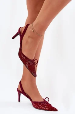 Damskie Boto Koronkowe Szpilki Z Odkrytą Piętą Bordowe Annivirae