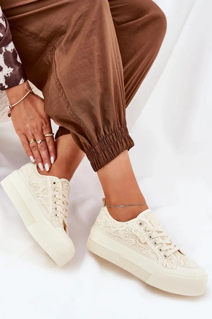 Damskie Big Star Shoes Koronkowe Trampki Damskie Big Star RR274746 Beżowe