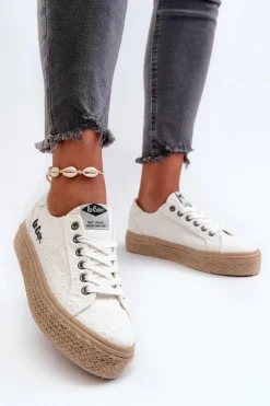 Discount Lee Cooper Koronkowe Trampki Damskie Z Plecionką LCW-24-44-2425 Białe