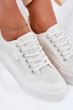 Clearance Big Star Shoes Koronkowe Trampki Damskie Big Star RR274747 Białe Biały