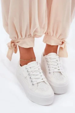 Clearance Big Star Shoes Koronkowe Trampki Damskie Big Star RR274747 Białe Biały