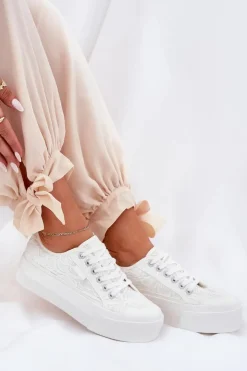 Clearance Big Star Shoes Koronkowe Trampki Damskie Big Star RR274747 Białe Biały