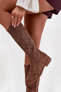 Discount Damskie buty S.Barski Kozaki Damskie Ażurowe Na Płaskim Obcasie S.Barski HY52-534 Brązowe Brązowy