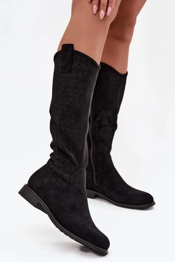 Damskie Damskie buty S.Barski Kozaki Damskie Ażurowe Na Płaskim Obcasie S.Barski HY52-534 Czarne