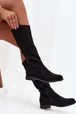 Damskie Damskie buty S.Barski Kozaki Damskie Ażurowe Na Płaskim Obcasie S.Barski HY52-534 Czarne