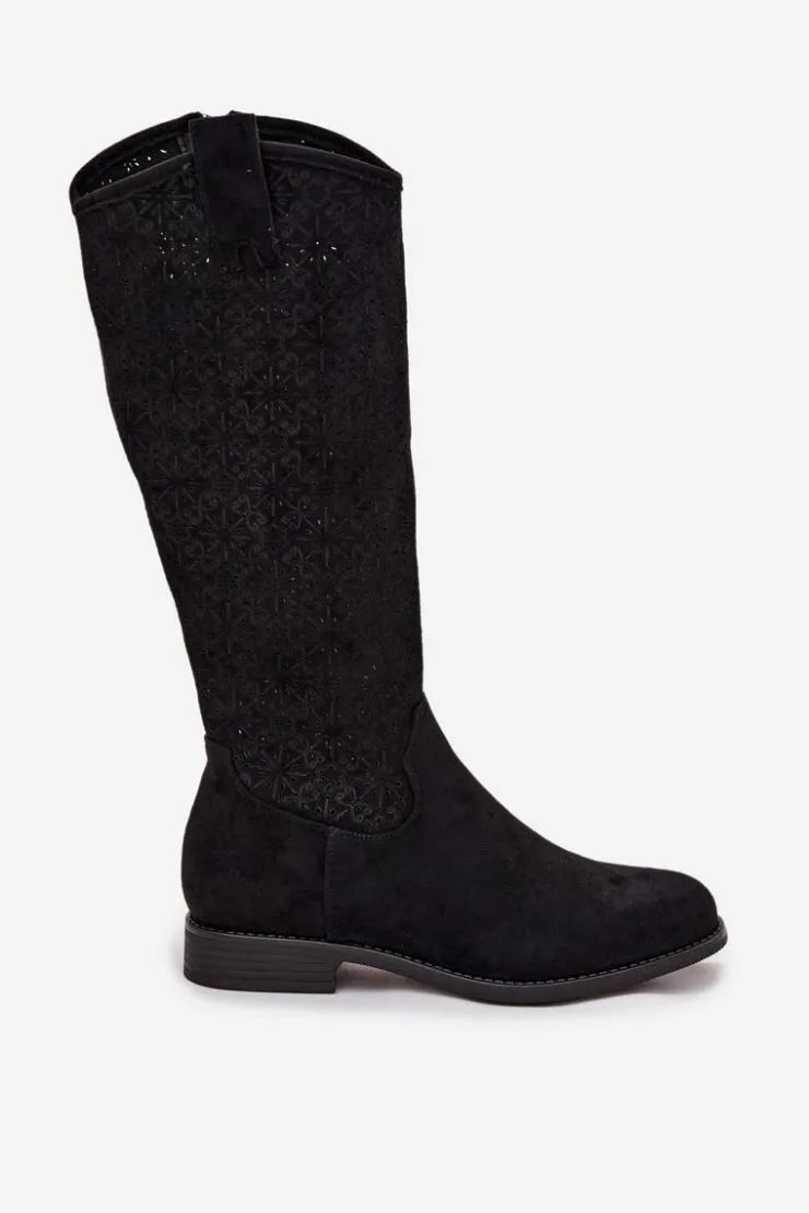 Damskie Damskie buty S.Barski Kozaki Damskie Ażurowe Na Płaskim Obcasie S.Barski HY52-534 Czarne