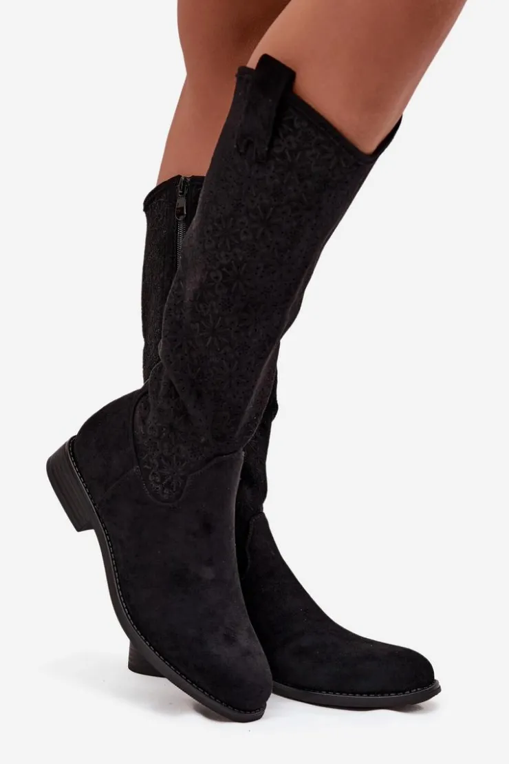 Damskie Damskie buty S.Barski Kozaki Damskie Ażurowe Na Płaskim Obcasie S.Barski HY52-534 Czarne