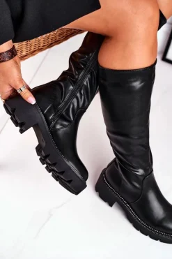 Outlet Boto Kozaki Damskie Ciepłe Czarne Ambicious