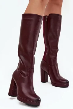 Damskie Boto Kozaki Damskie Do Kolana Na Słupku Eko Skórzane Bordowe Thalina
