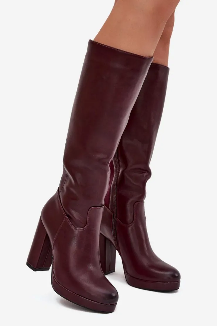 Damskie Boto Kozaki Damskie Do Kolana Na Słupku Eko Skórzane Bordowe Thalina