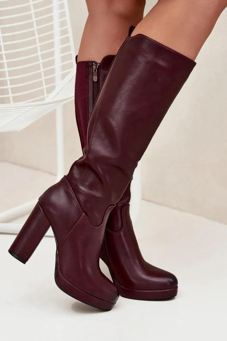 Damskie Boto Kozaki Damskie Do Kolana Na Słupku Eko Skórzane Bordowe Thalina