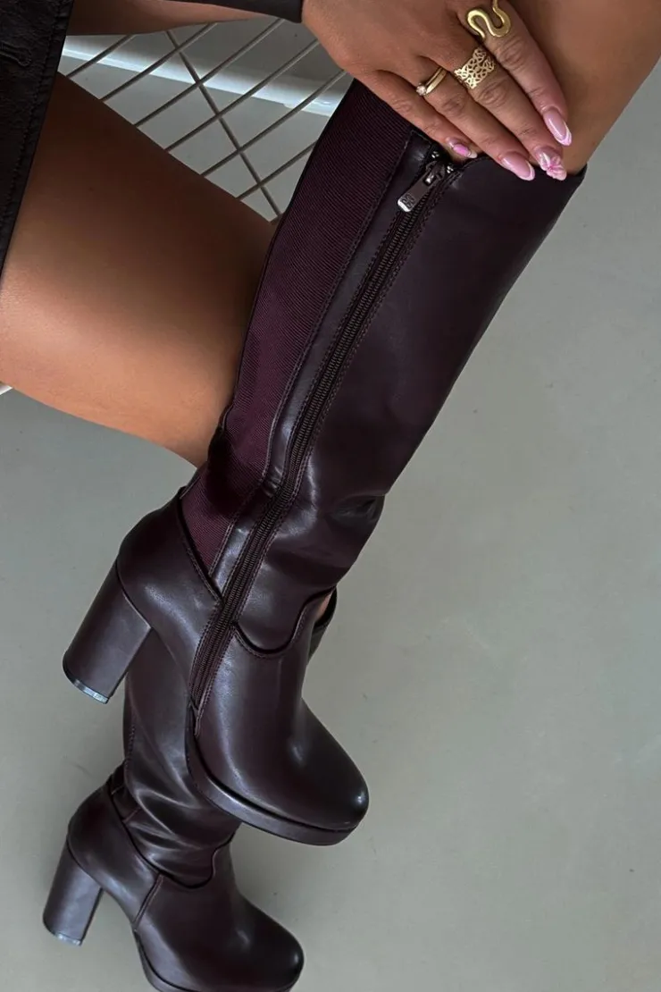 Damskie Boto Kozaki Damskie Do Kolana Na Słupku Eko Skórzane Bordowe Thalina