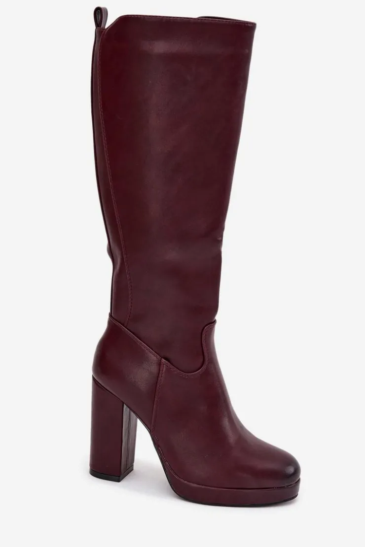 Damskie Boto Kozaki Damskie Do Kolana Na Słupku Eko Skórzane Bordowe Thalina