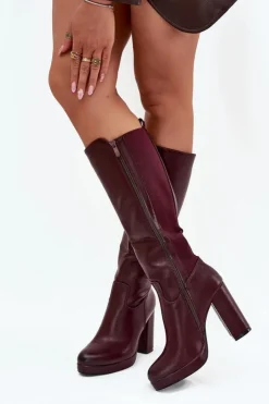 Damskie Boto Kozaki Damskie Do Kolana Na Słupku Eko Skórzane Bordowe Thalina