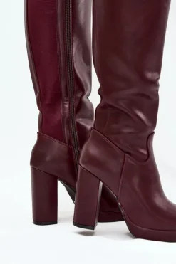 Damskie Boto Kozaki Damskie Do Kolana Na Słupku Eko Skórzane Bordowe Thalina