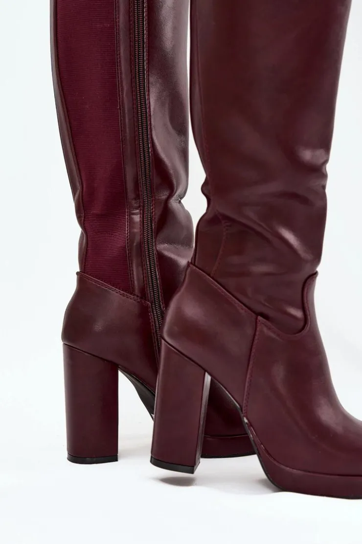 Damskie Boto Kozaki Damskie Do Kolana Na Słupku Eko Skórzane Bordowe Thalina