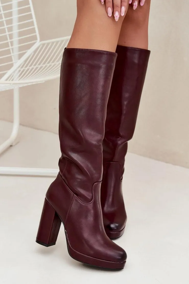 Damskie Boto Kozaki Damskie Do Kolana Na Słupku Eko Skórzane Bordowe Thalina