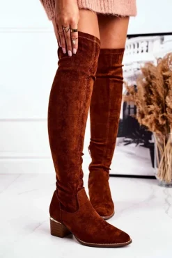 Damskie Boto Kozaki Damskie Do Kolana Eko-Zamsz Camel Indigo