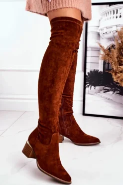 Damskie Boto Kozaki Damskie Do Kolana Eko-Zamsz Camel Indigo