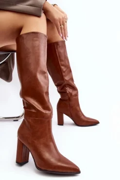 Damskie Boto Kozaki Damskie Do Kolana Na Słupku Camel Fiminna