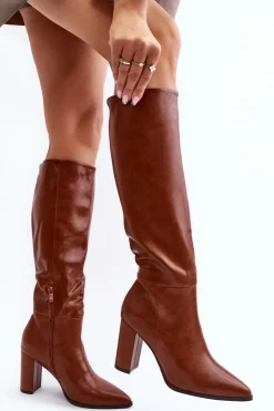 Damskie Boto Kozaki Damskie Do Kolana Na Słupku Camel Fiminna