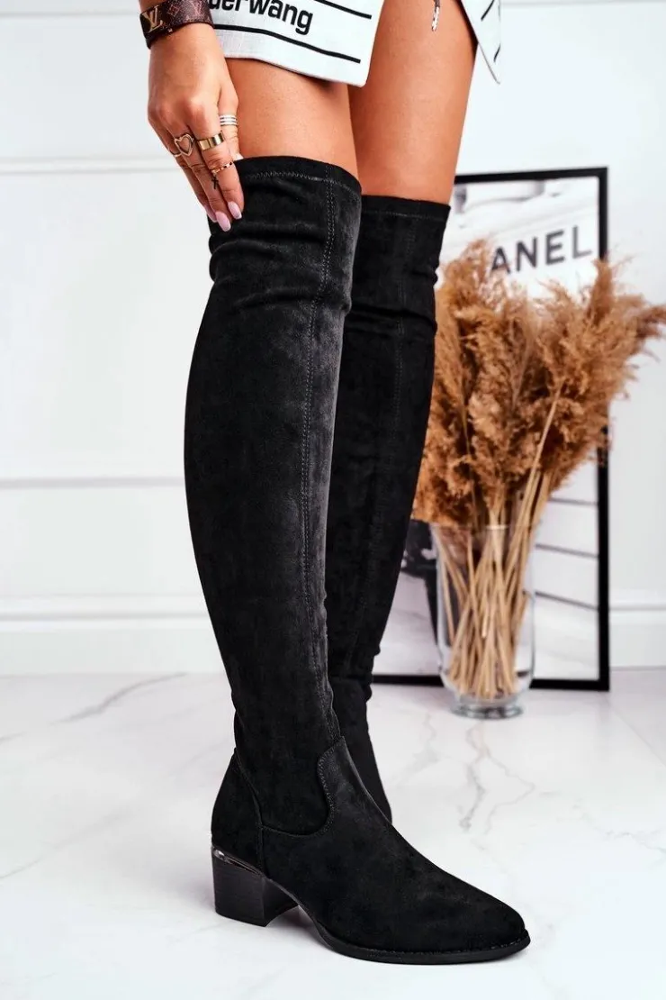 Boto Kozaki Wiosenne|Kozaki Na Obcasie*Kozaki Damskie Do Kolana Eko-Zamsz Czarne Indigo