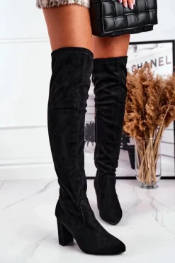 Hot Boto Kozaki Damskie Do Kolana Eko-Zamsz Czarne First Time